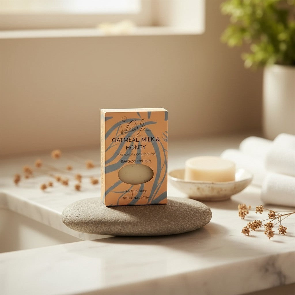 Oh Canada Gifts oatmeal milk and honey soap bar in patterned packaging on a stone surface in a bright bathroom.