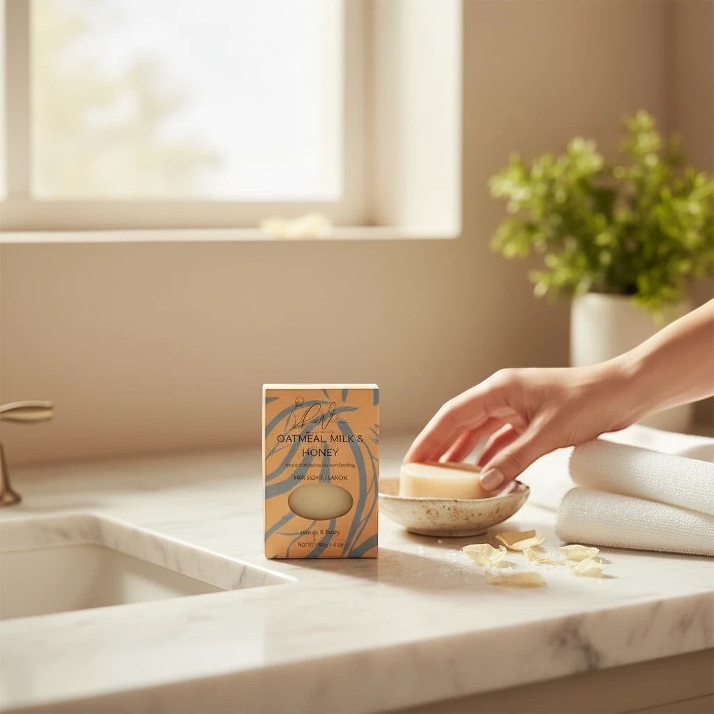 Oh Canada Gifts oatmeal milk and honey soap bar in packaging on a marble bathroom vanity with a hand and white towels.