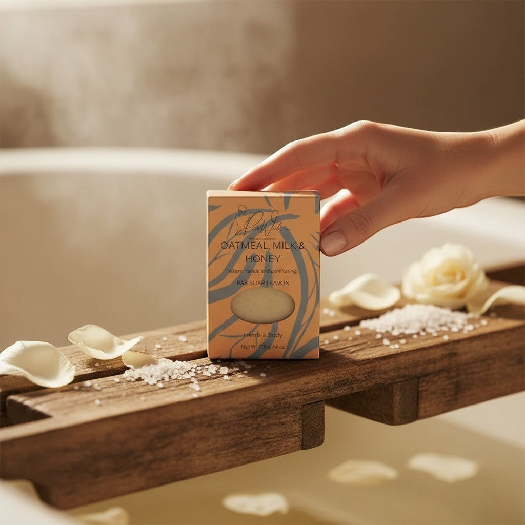 Oh Canada Gifts handcrafted oatmeal milk and honey soap bar in decorative packaging on a wooden bath tray.