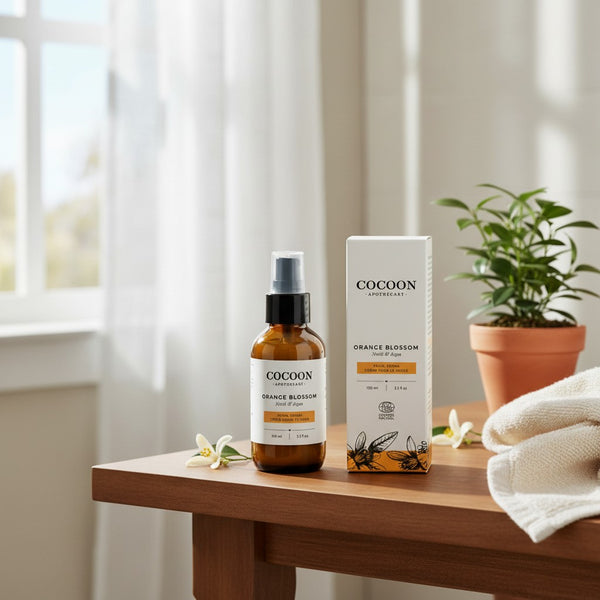 Oh Canada Gifts Cocoon Apothecary Orange Blossom facial cream in a glass pump bottle with its box on a wooden table.