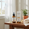 Oh Canada Gifts Cocoon Apothecary Orange Blossom facial cream in a glass pump bottle with its box on a wooden table.
