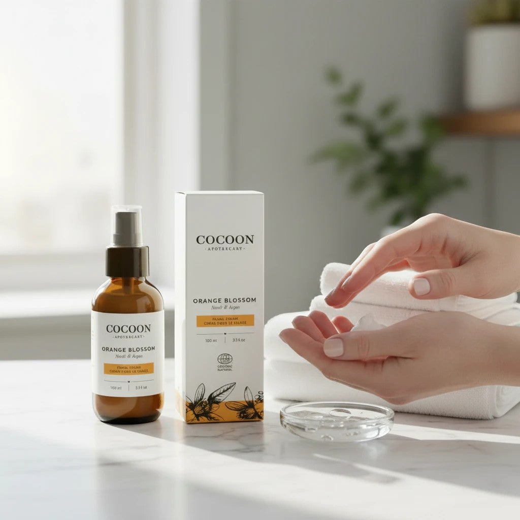Oh Canada Gifts Cocoon Apothecary Orange Blossom facial cream in a glass bottle and box with a person applying cream.