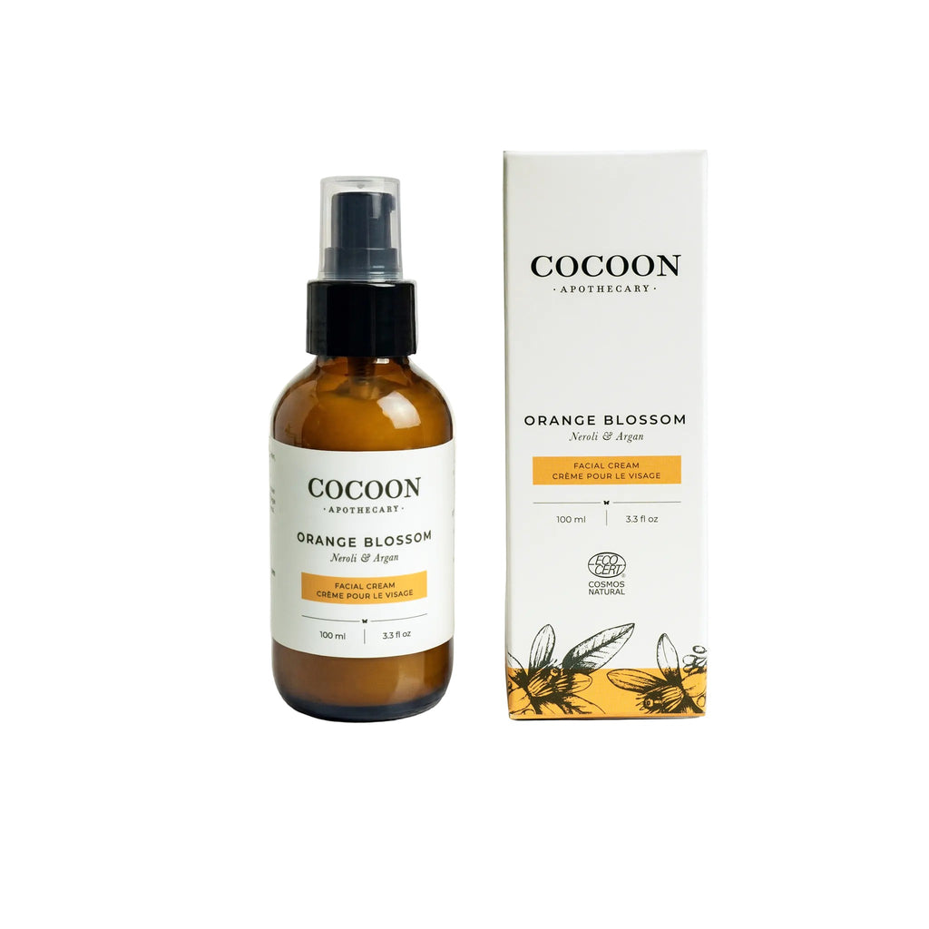 Oh Canada Gifts Cocoon Apothecary Orange Blossom facial cream in a glass pump bottle with its matching product box.