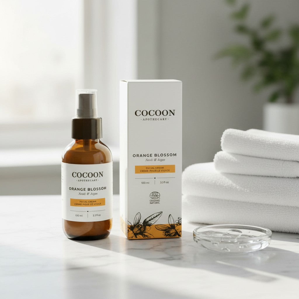 Oh Canada Gifts Cocoon Apothecary Orange Blossom facial cream in a glass bottle with matching box on a marble surface.