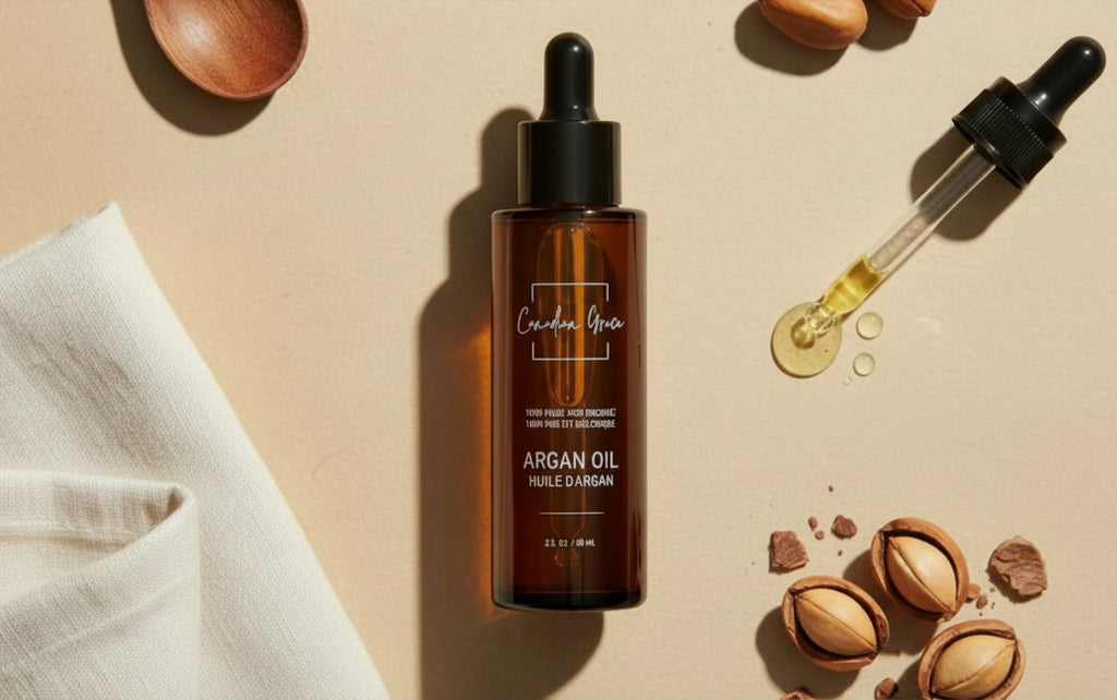 Oh Canada Gifts organic cold-pressed argan oil in an amber glass dropper bottle with argan kernels on a beige surface.