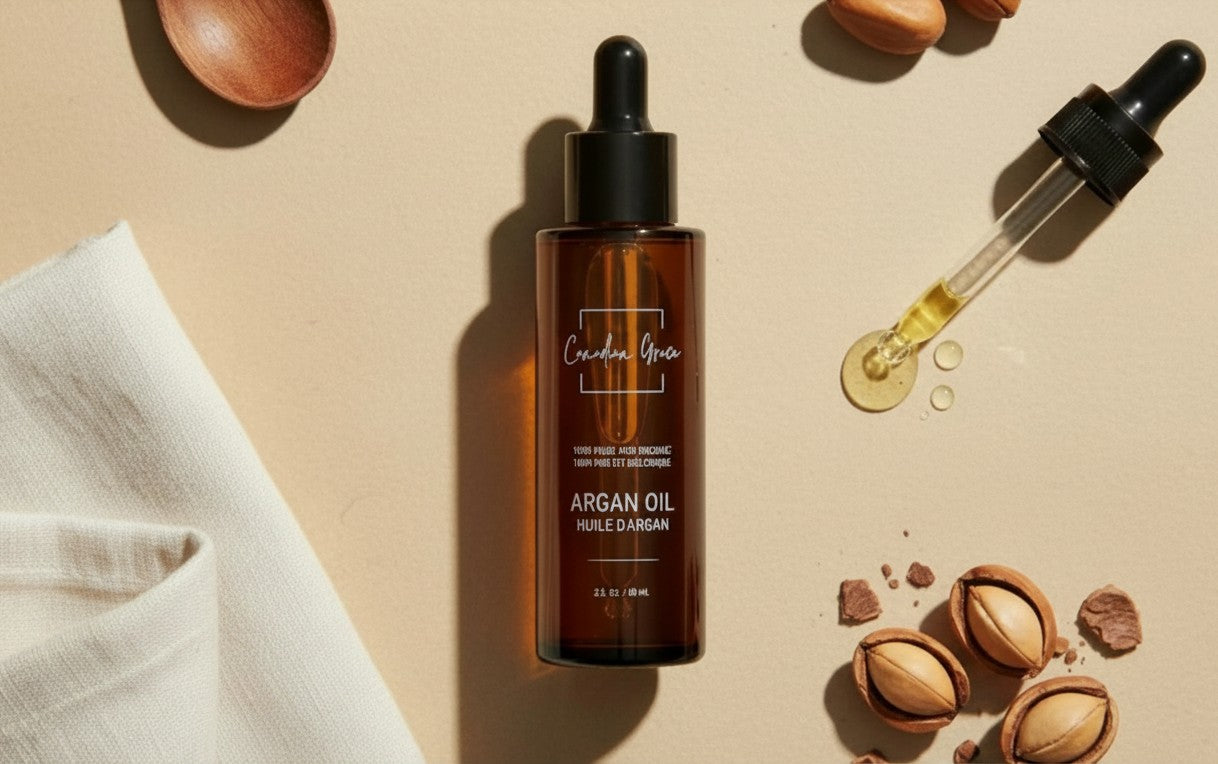 Oh Canada Gifts organic cold-pressed argan oil in an amber glass dropper bottle with argan kernels on a beige surface.