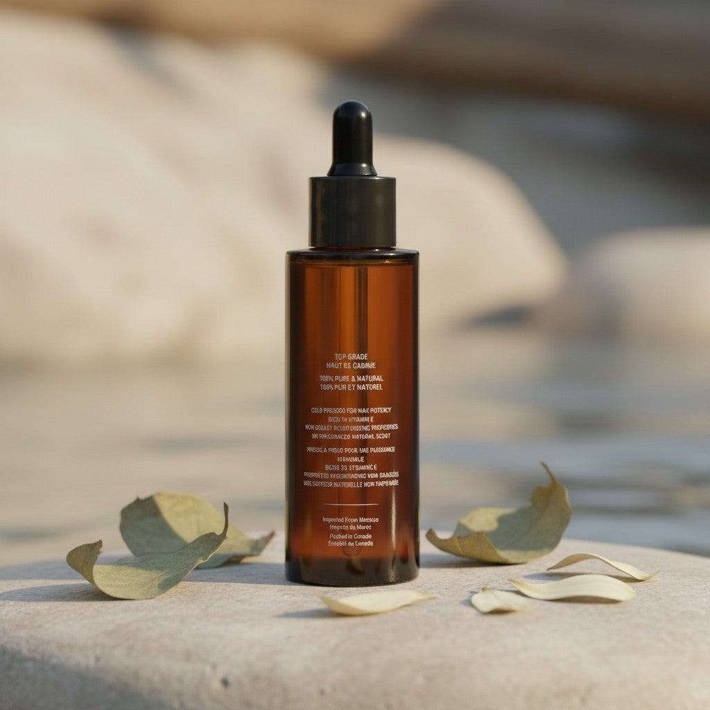 Oh Canada Gifts organic cold-pressed argan oil in an amber glass dropper bottle on a stone surface with dried leaves.
