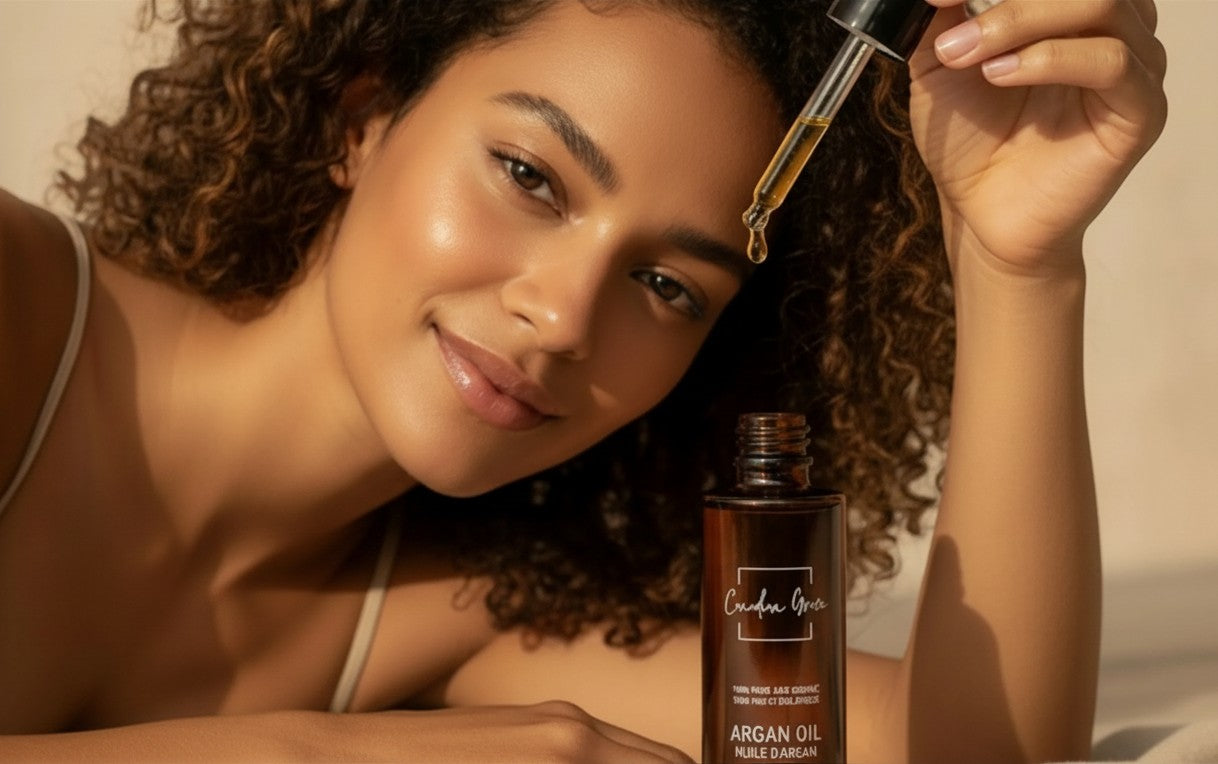 Oh Canada Gifts organic argan oil being applied by a smiling woman with curly hair for skin and hair hydration