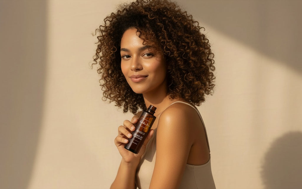 Woman with curly hair holding a bottle of Oh Canada Gifts organic cold-pressed argan oil for skin and hair care.