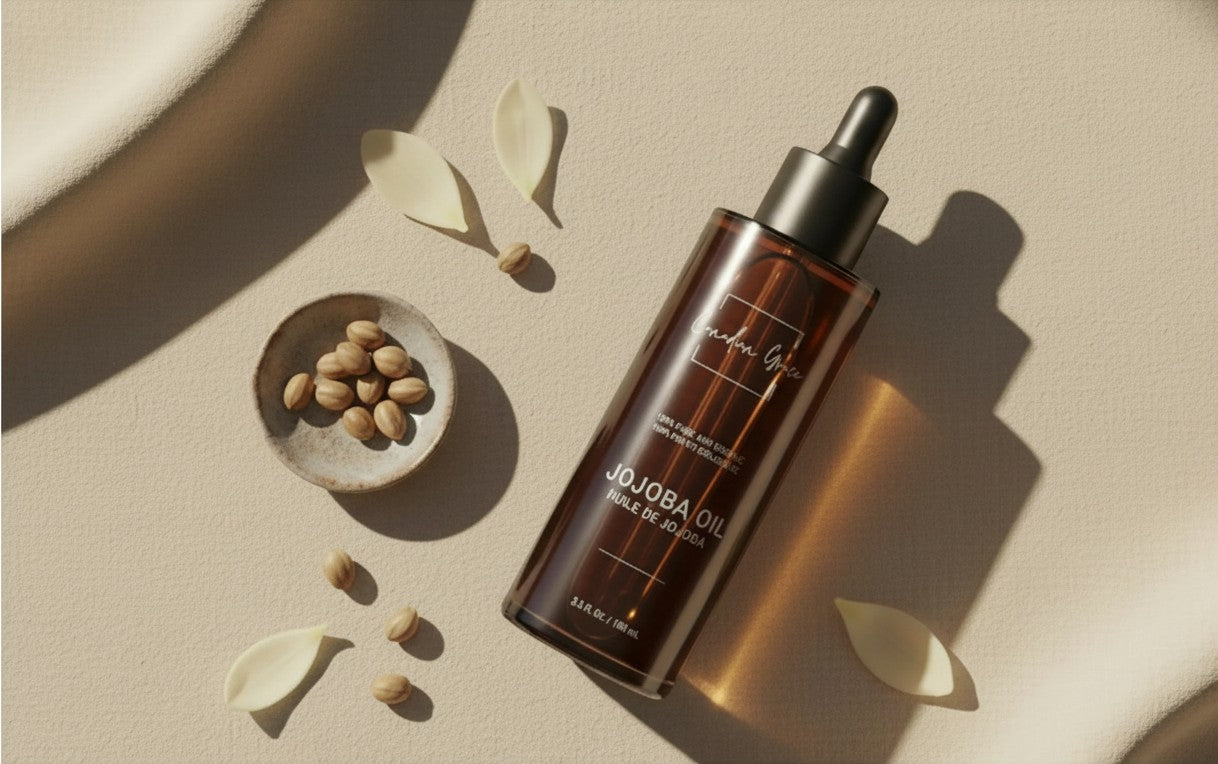 Oh Canada Gifts Canadian Grace organic jojoba oil in an amber dropper bottle with jojoba seeds on a beige background.