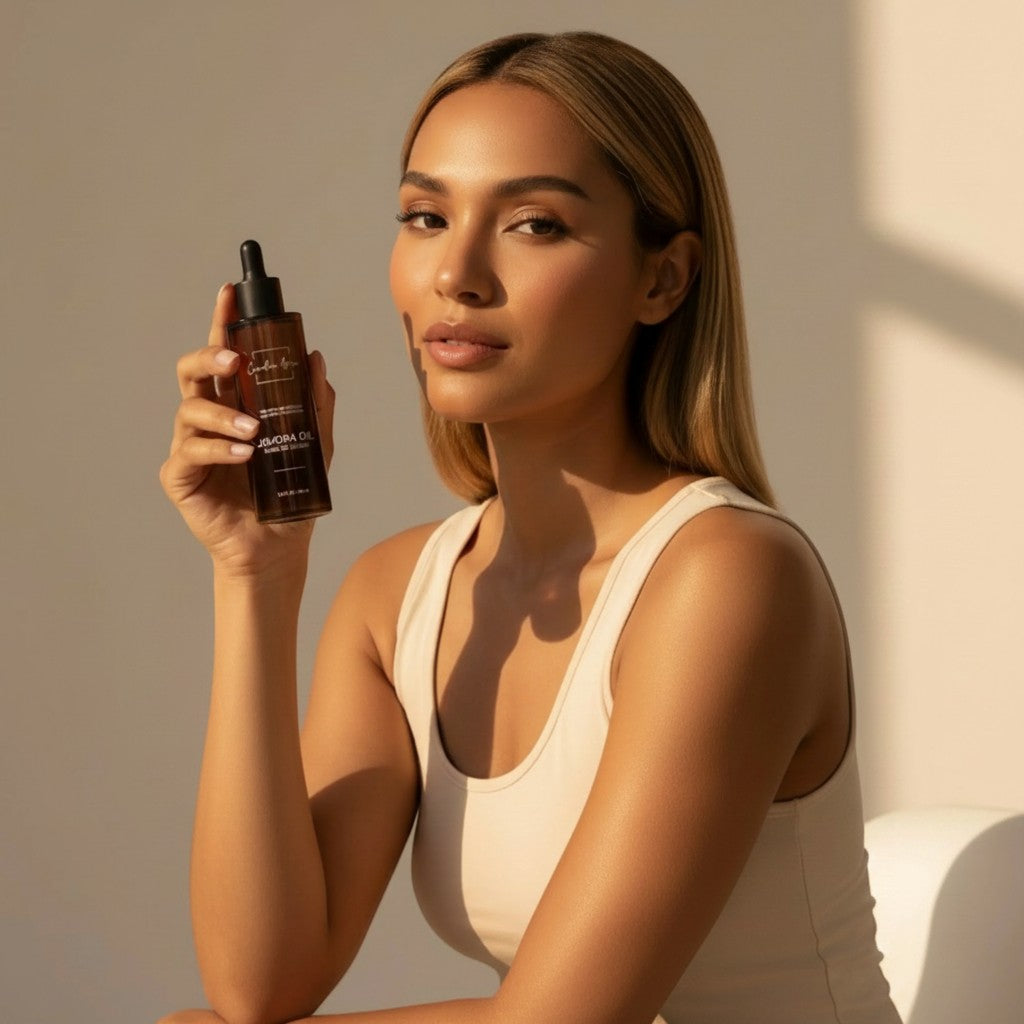 Oh Canada Gifts model holding a bottle of Canadian Grace organic cold-pressed jojoba oil in a sunlit studio setting