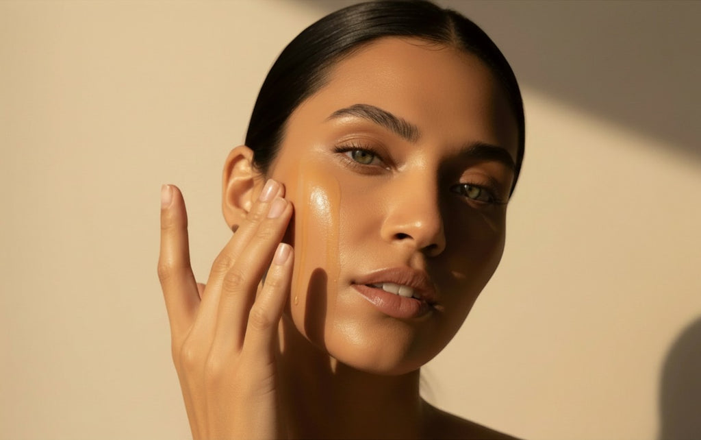 Oh Canada Gifts model applying Canadian Grace organic jojoba oil to her glowing, hydrated cheek