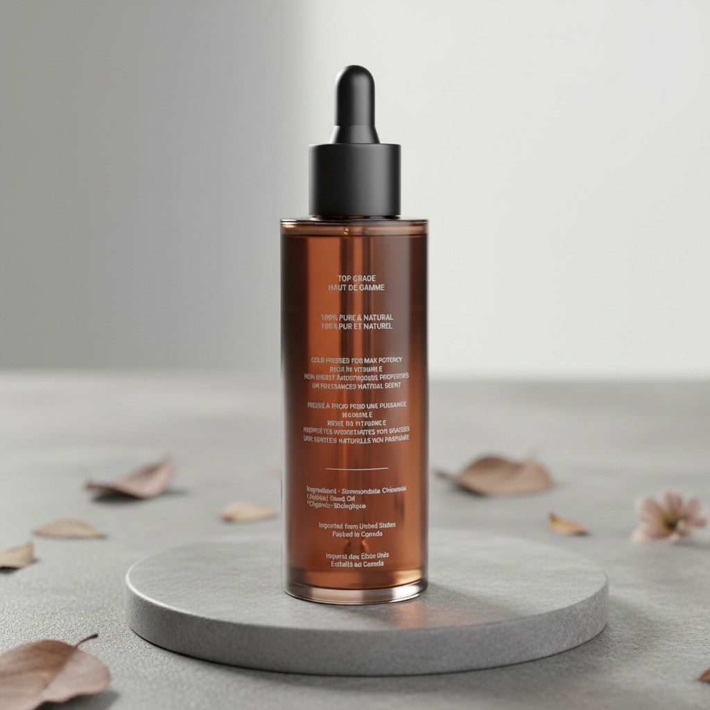Oh Canada Gifts 100% organic cold-pressed jojoba oil in an amber glass dropper bottle on a grey stone pedestal.