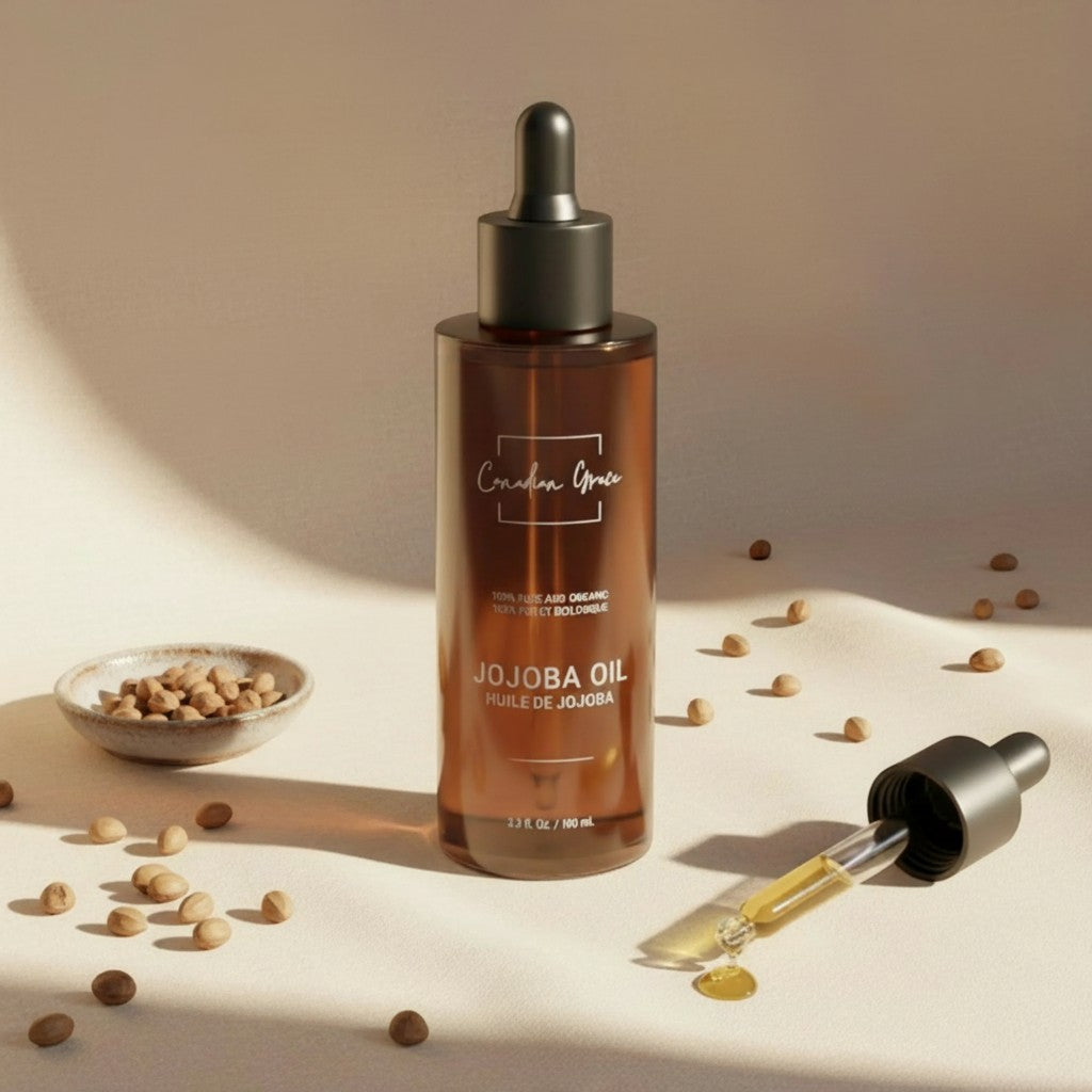Oh Canada Gifts Canadian Grace organic cold-pressed jojoba oil in an amber glass dropper bottle with jojoba seeds.