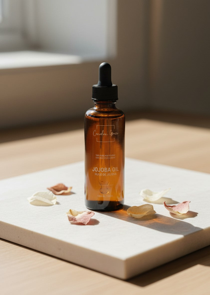 Oh Canada Gifts Canadian Grace organic jojoba oil in an amber dropper bottle on a marble surface with flower petals.