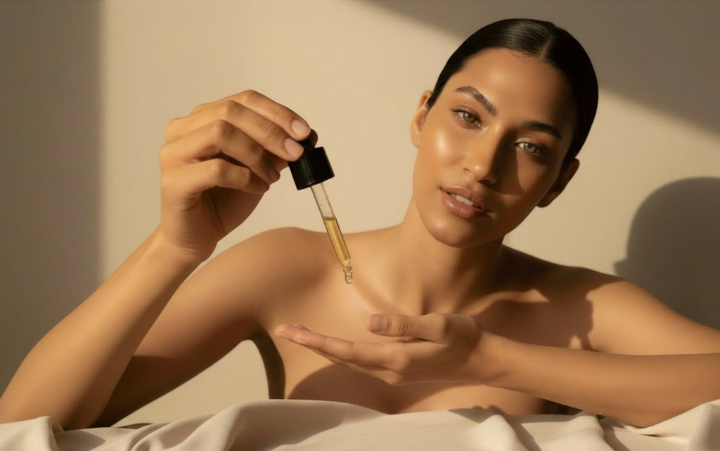 Oh Canada Gifts Canadian Grace organic jojoba oil being applied by a woman with glowing skin in warm sunlight
