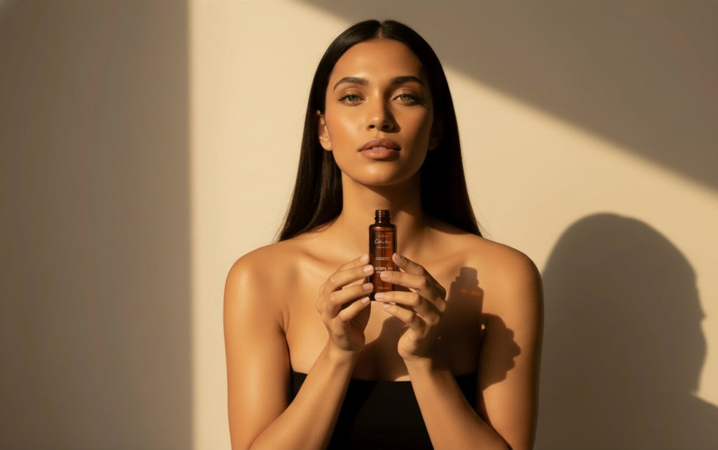 A woman holding a bottle of Oh Canada Gifts Canadian Grace 100% organic cold-pressed jojoba oil in warm sunlight.