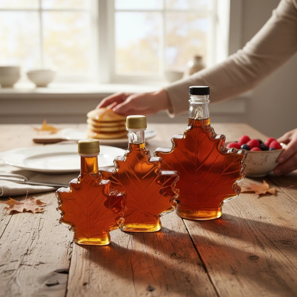 Oh Canada Gifts organic maple syrup in three iconic leaf-shaped glass bottles on a rustic wooden table with pancakes.