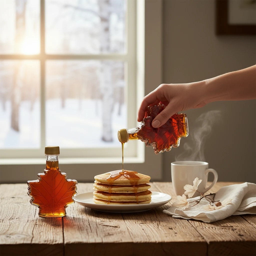Oh Canada Gifts organic maple syrup being poured from a leaf-shaped bottle onto a stack of pancakes on a wooden table
