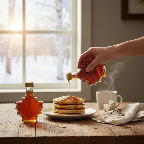 Oh Canada Gifts organic maple syrup being poured from a leaf-shaped bottle onto a stack of pancakes on a wooden table