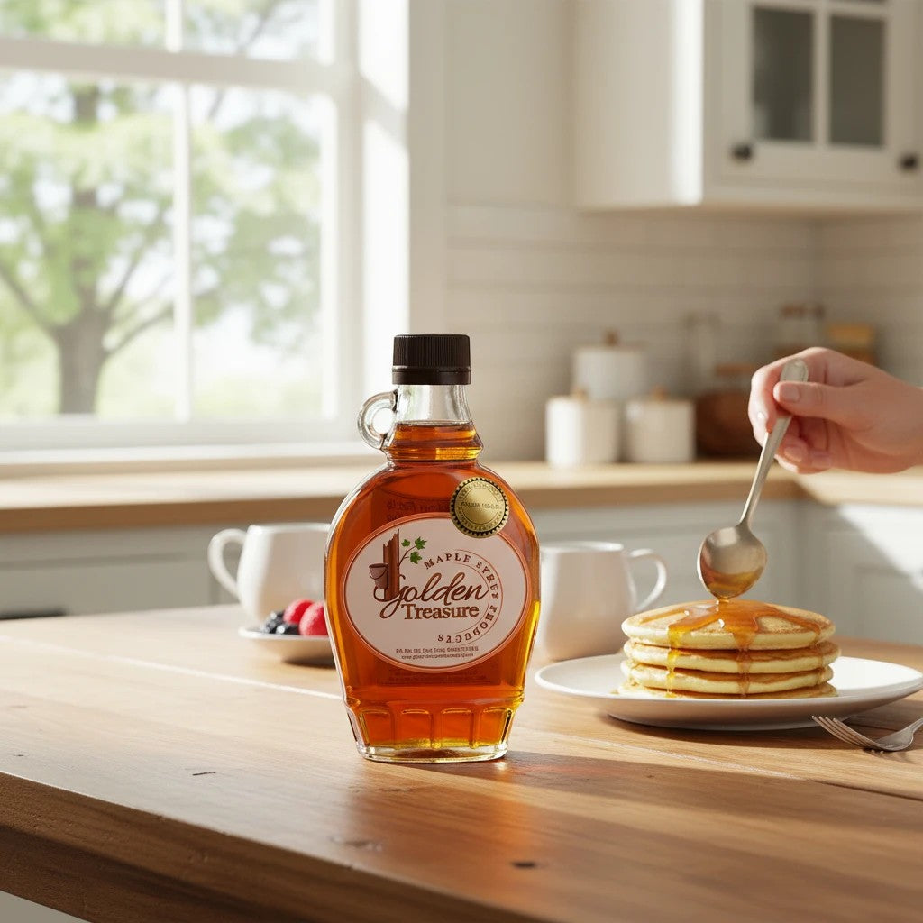 Oh Canada Gifts organic maple syrup in a glass bottle being drizzled over a stack of pancakes on a wooden table.