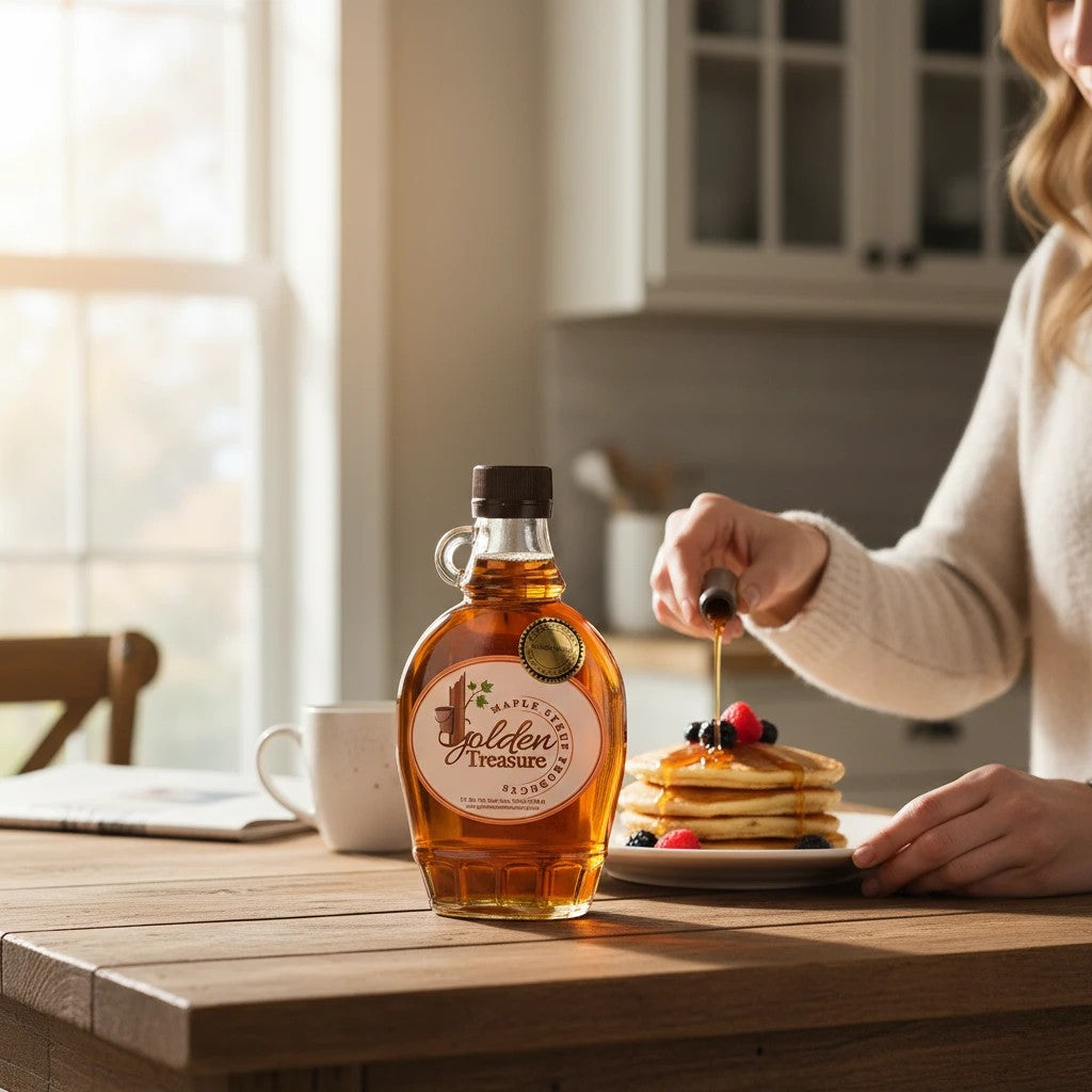 Oh Canada Gifts organic maple syrup in a glass bottle next to a woman drizzling syrup over a stack of pancakes.