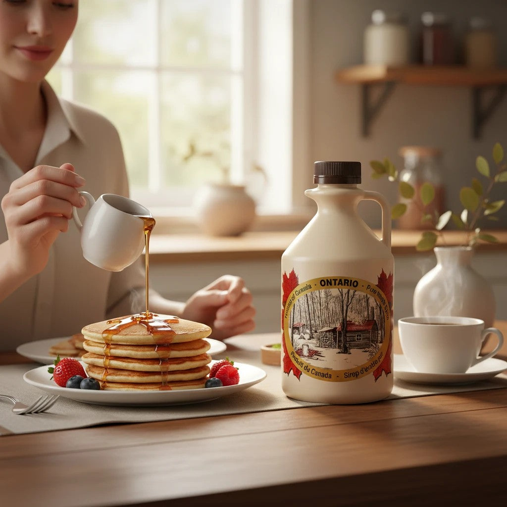 Oh Canada Gifts organic maple syrup in a plastic jug served with a stack of pancakes and coffee on a wooden table.