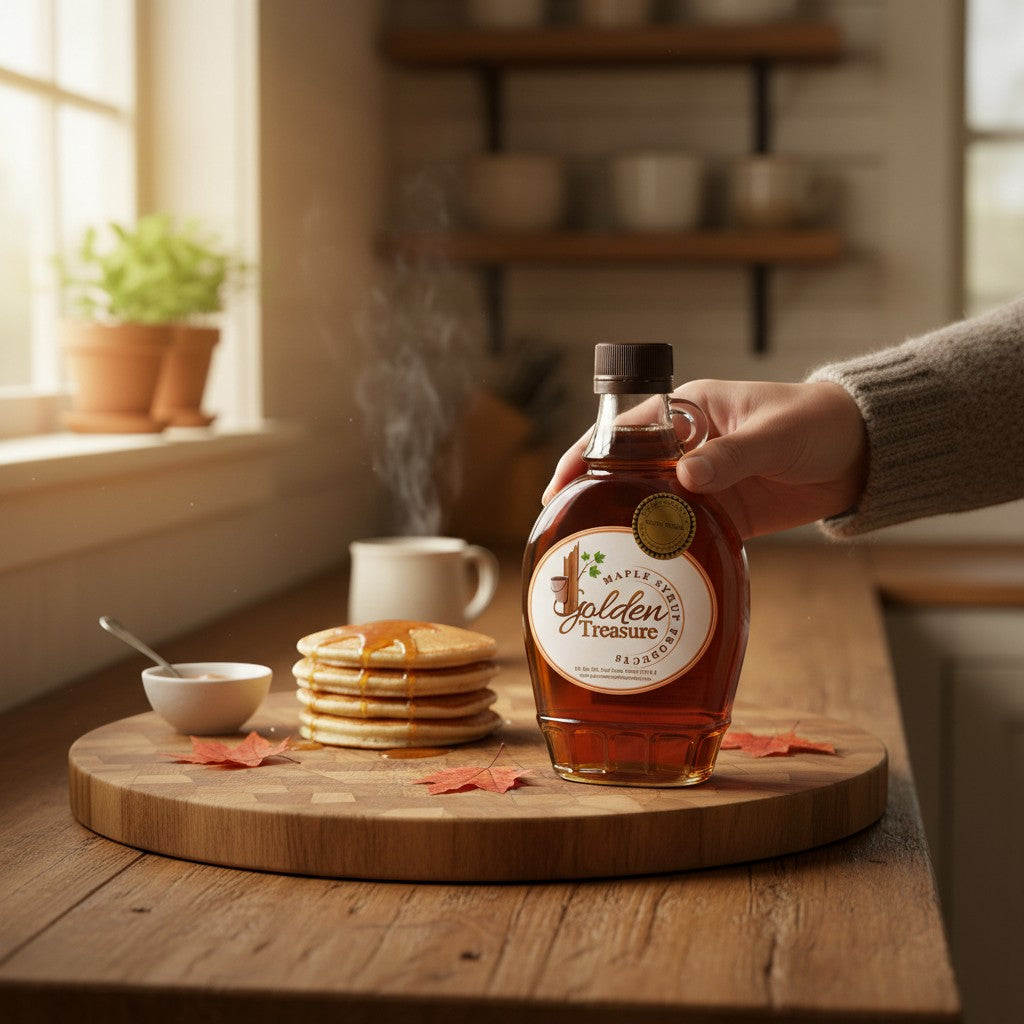Oh Canada Gifts organic maple syrup in a glass bottle held over a wooden board with a stack of steaming pancakes.