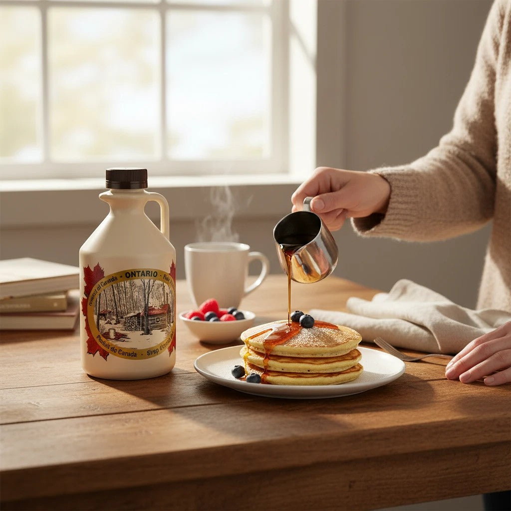 Oh Canada Gifts organic maple syrup being poured over a stack of pancakes on a wooden table with coffee and berries