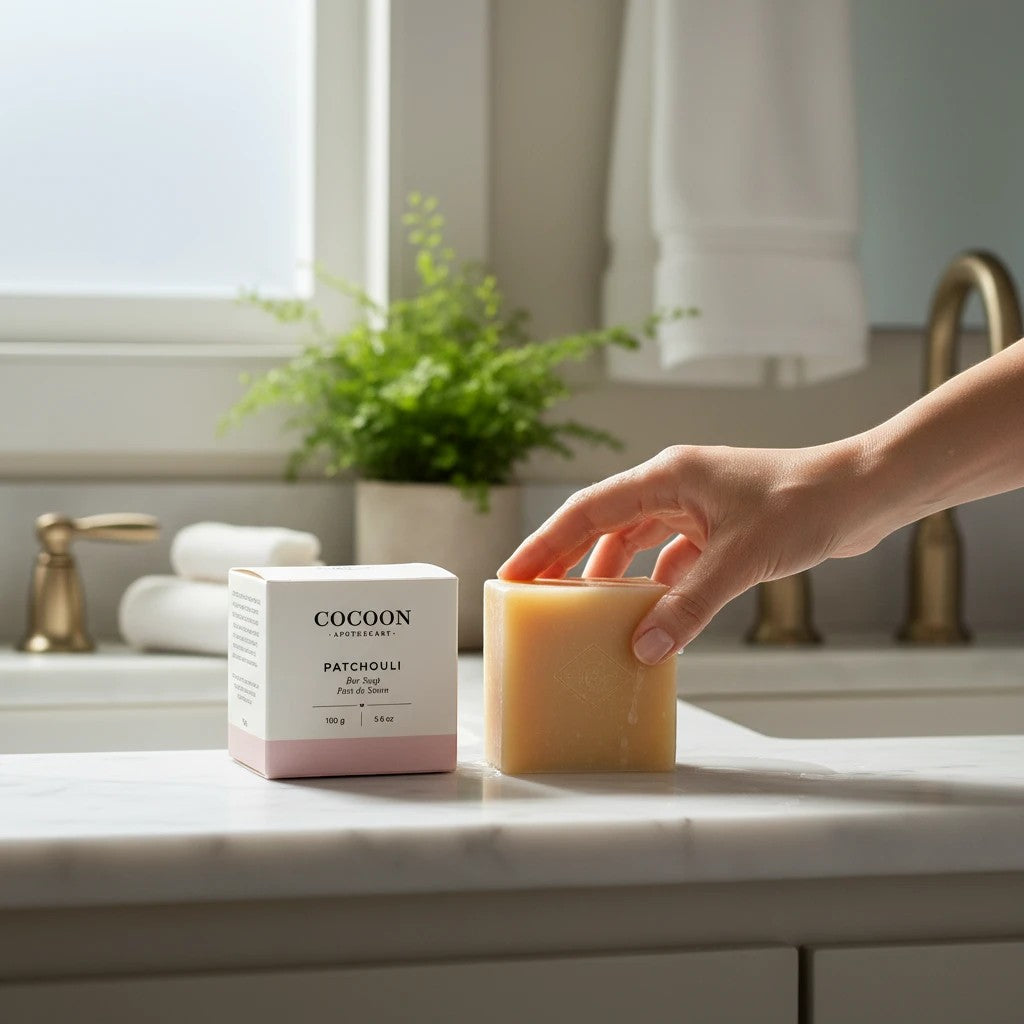 Oh Canada Gifts Cocoon Apothecary patchouli bar soap held by a hand on a marble bathroom counter.