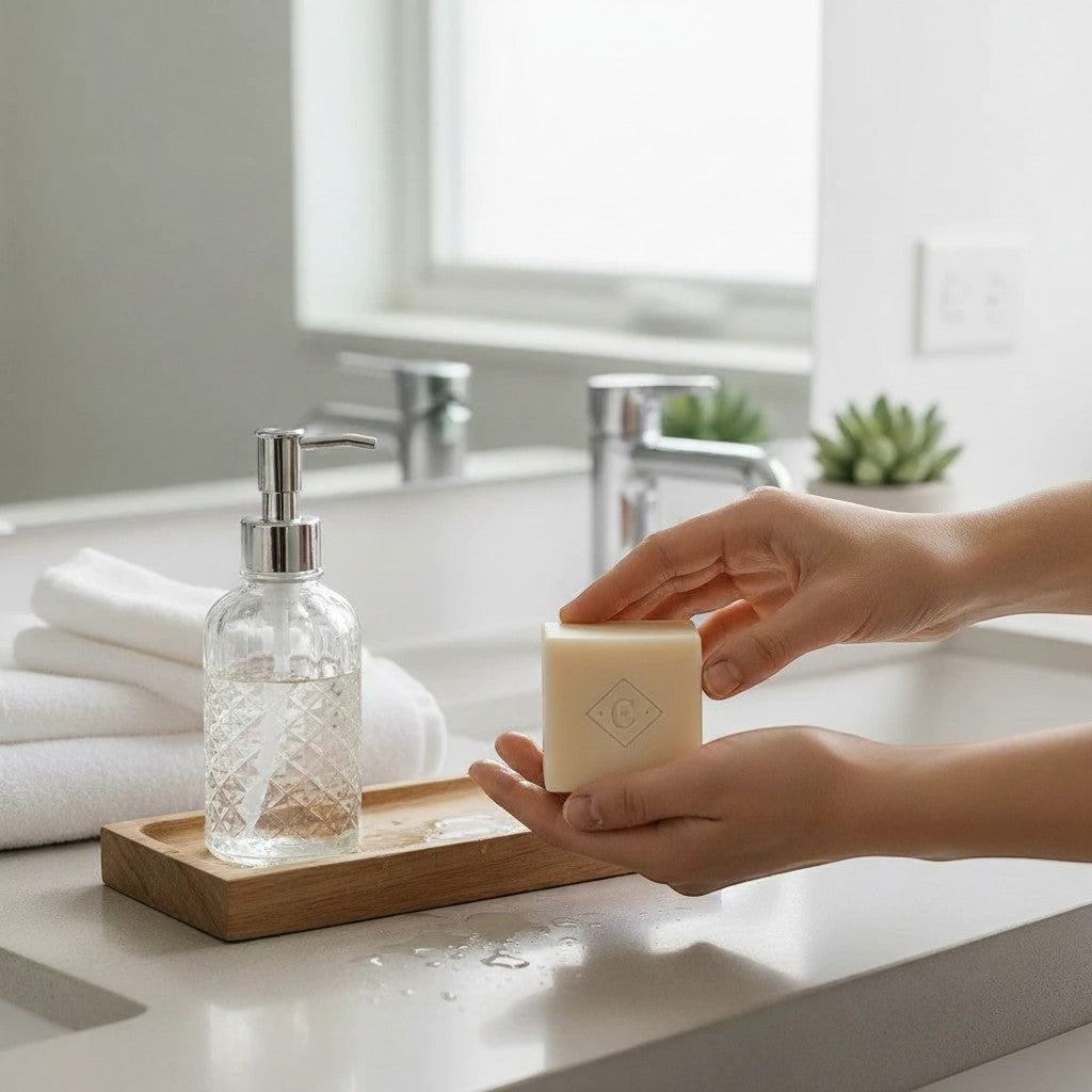Oh Canada Gifts Cocoon Apothecary patchouli bar soap held in hands over a bathroom vanity with a glass soap dispenser.