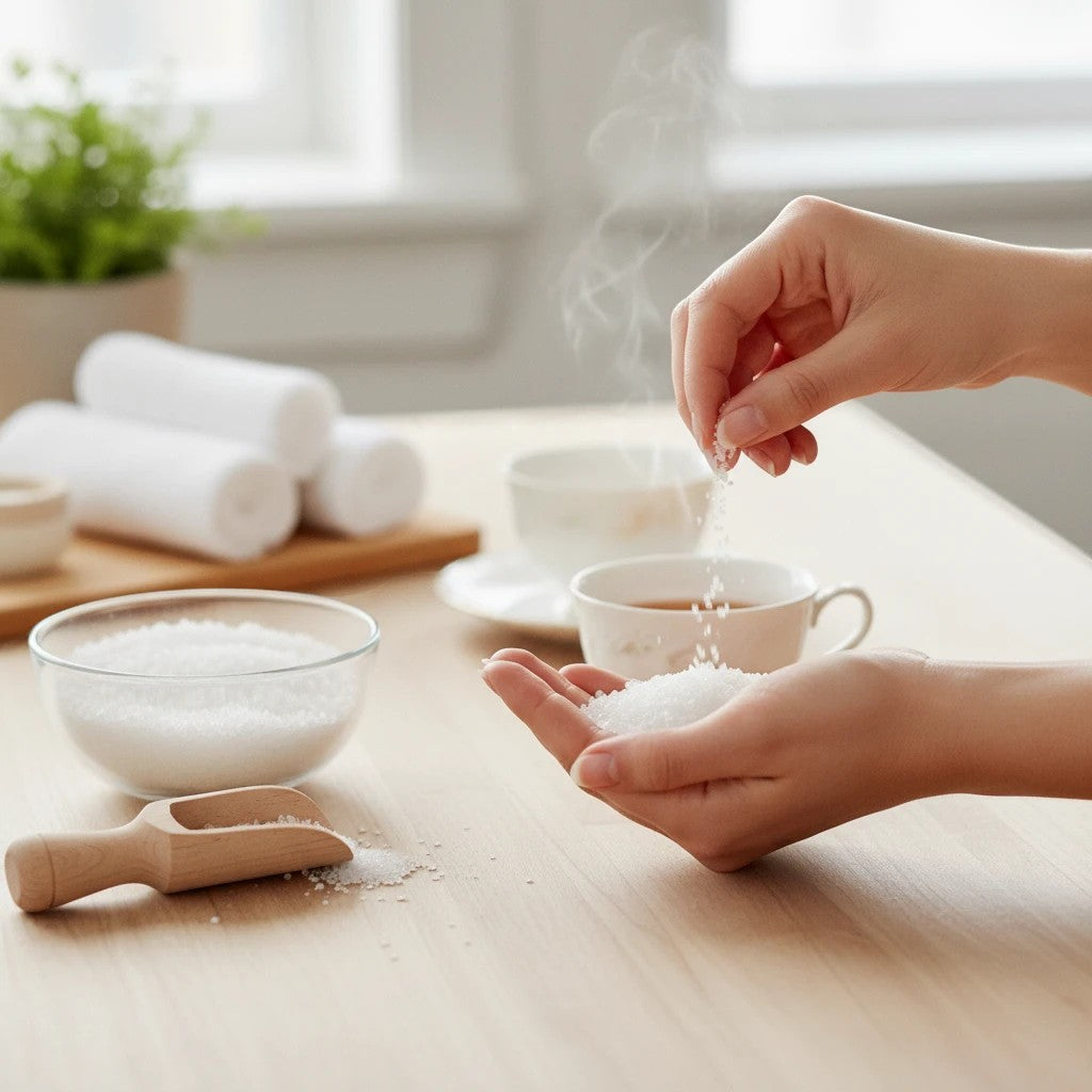 Oh Canada Gifts Patchouli Vibes bath salts being sprinkled into a hand for a relaxing, meditative home spa experience.