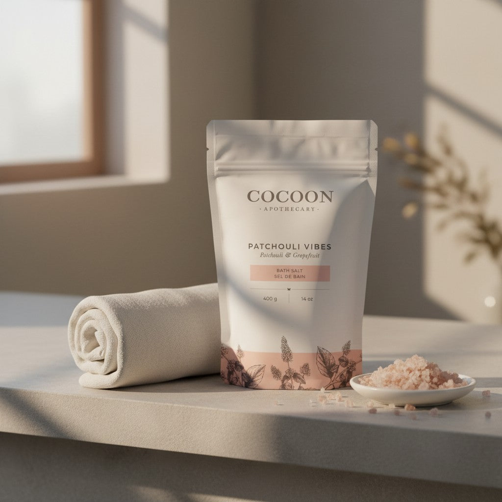 Oh Canada Gifts Patchouli Vibes bath salts in a white pouch with a rolled towel and salt crystals on a stone surface.