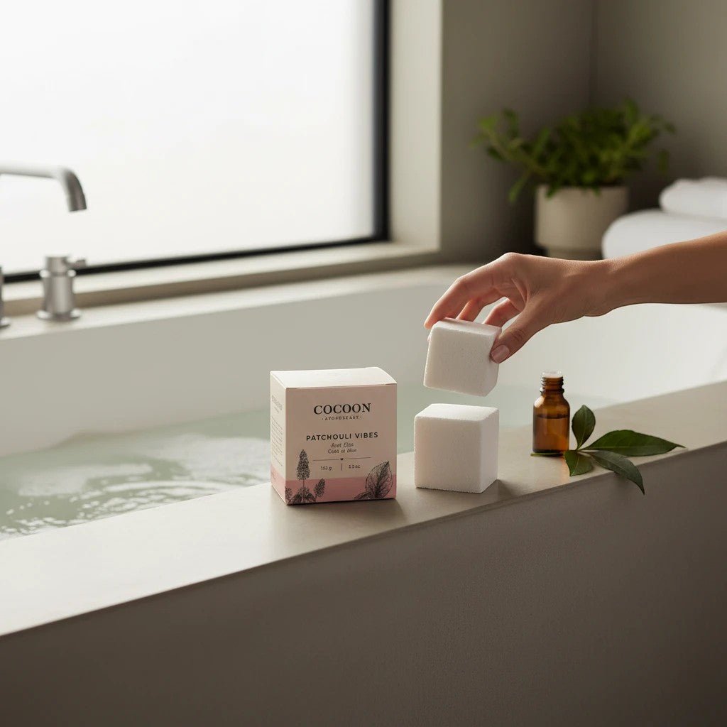 Oh Canada Gifts Patchouli Vibes bath cube being placed on a ledge next to its packaging by a bathtub