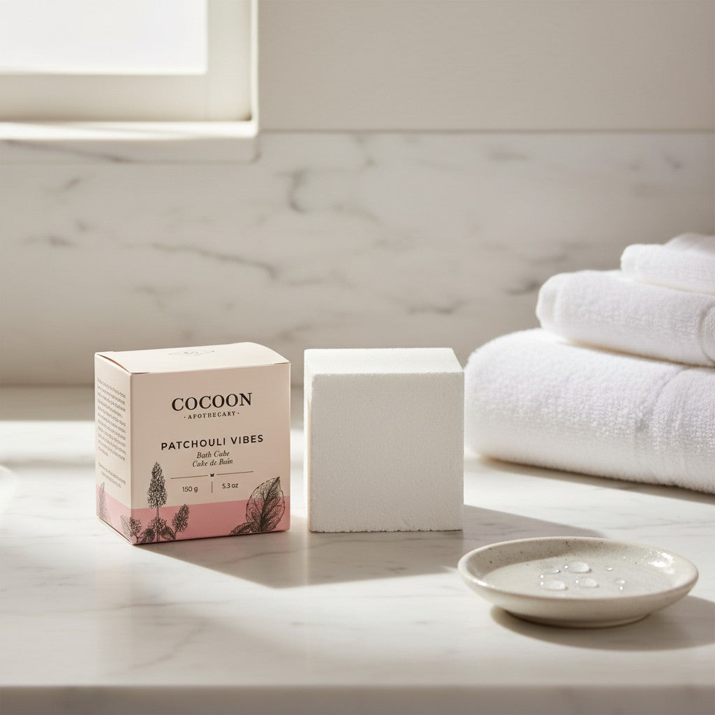 Oh Canada Gifts Patchouli Vibes bath cube and its pink floral packaging on a marble surface with white towels.