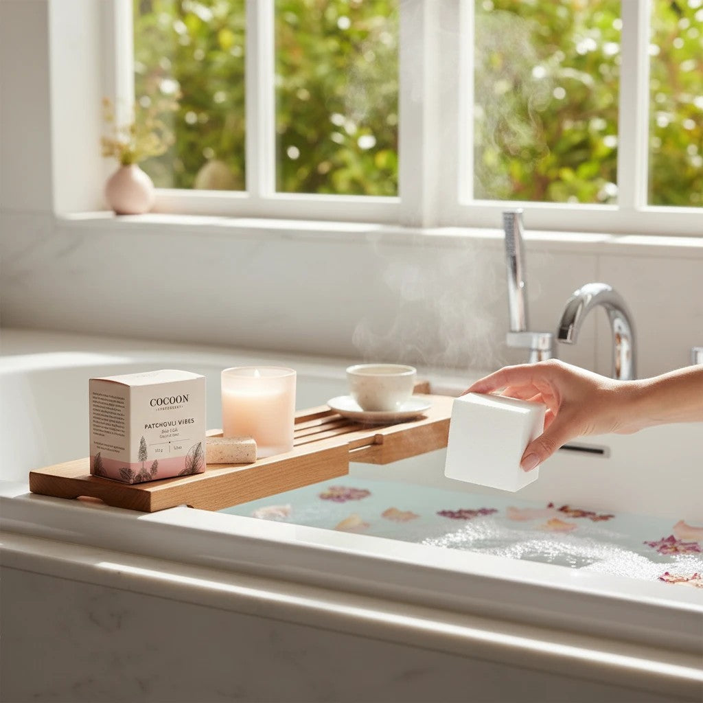 Oh Canada Gifts Patchouli Vibes bath cube held over a steaming bathtub with a wooden tray, candle, and flower petals.