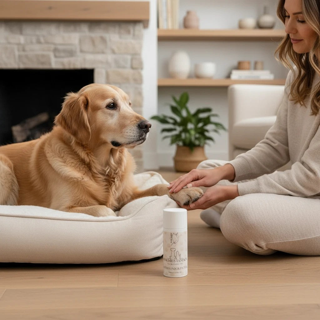 Oh Canada Gifts Pawsies Lotion Bar in a push-up tube being applied to a golden retriever's paw by a woman