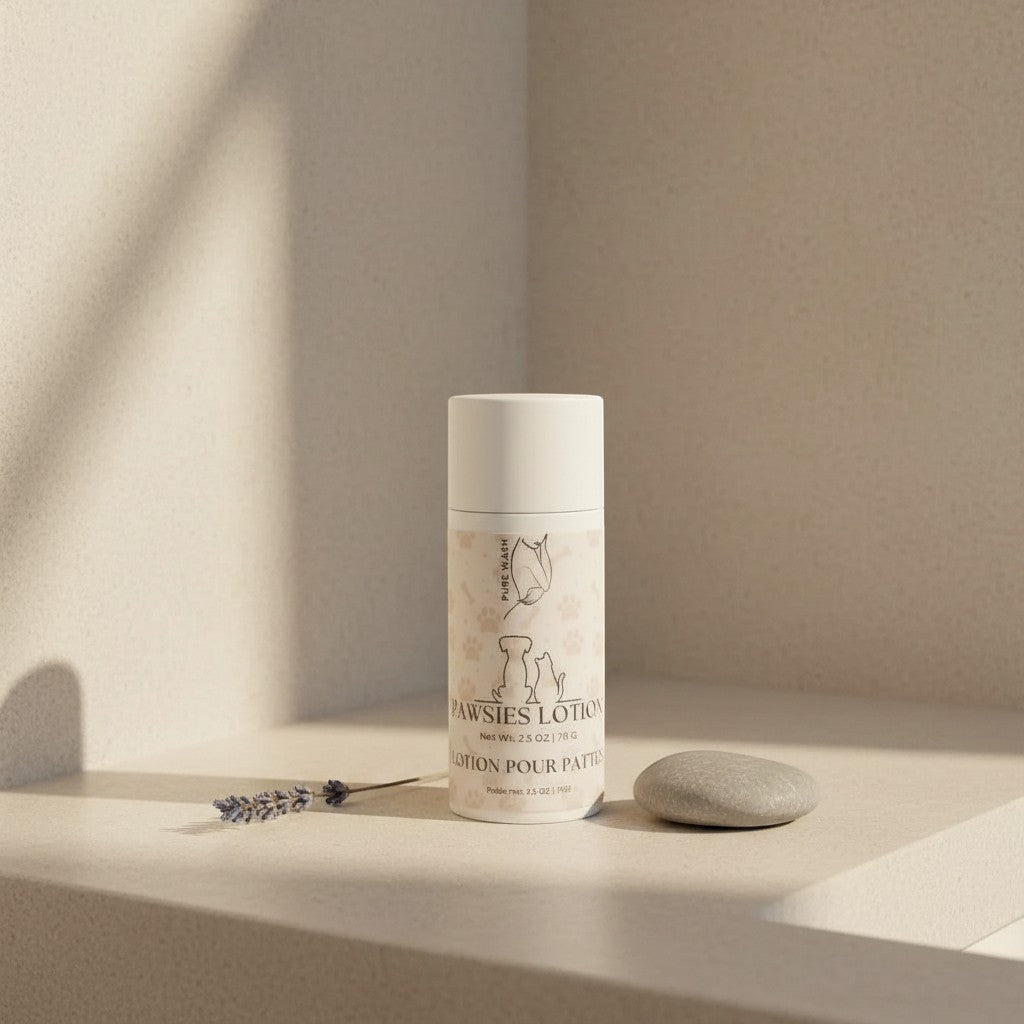 Oh Canada Gifts Pawsies Lotion Bar in a push-up tube for pet paw and nose care on a minimalist stone surface.