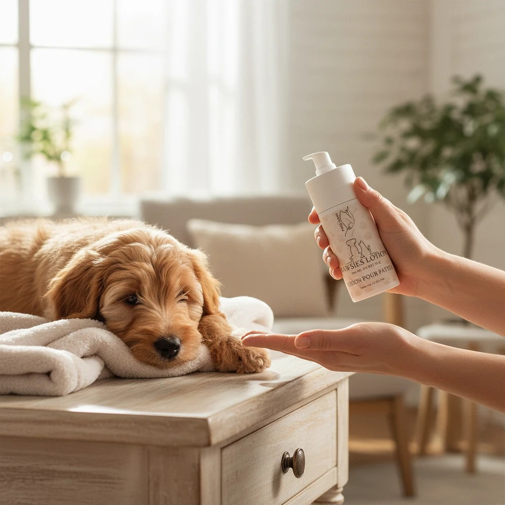 Oh Canada Gifts Pawsies Lotion being applied to a hand near a resting golden puppy on a wooden table