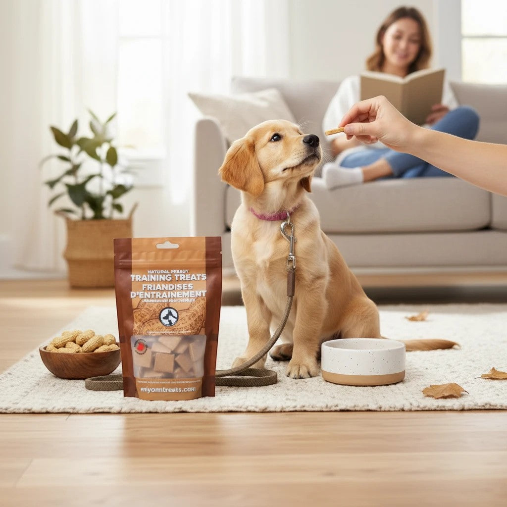 Oh Canada Gifts soft peanut dog training treats in a pouch with a puppy being rewarded by its owner at home.