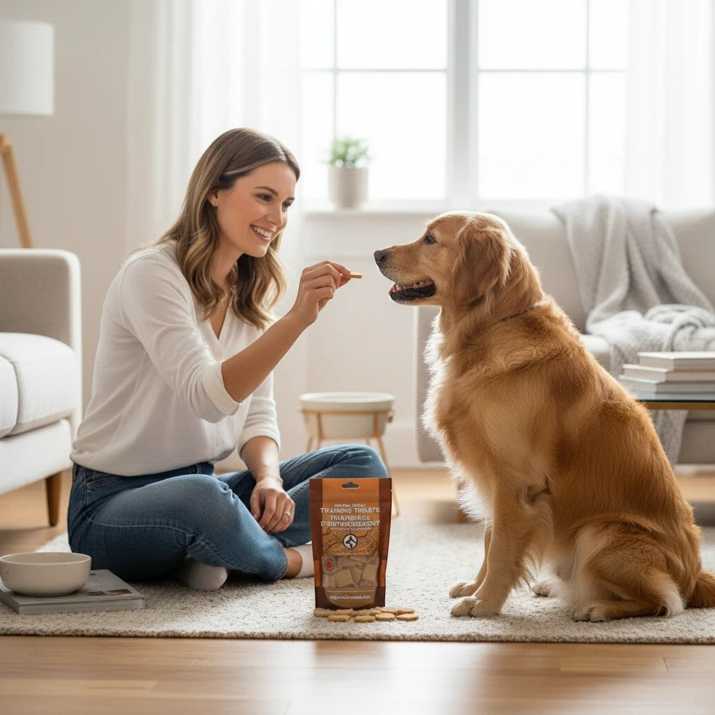 Oh Canada Gifts soft natural peanut training treats being fed to a golden retriever by a woman in a bright living room