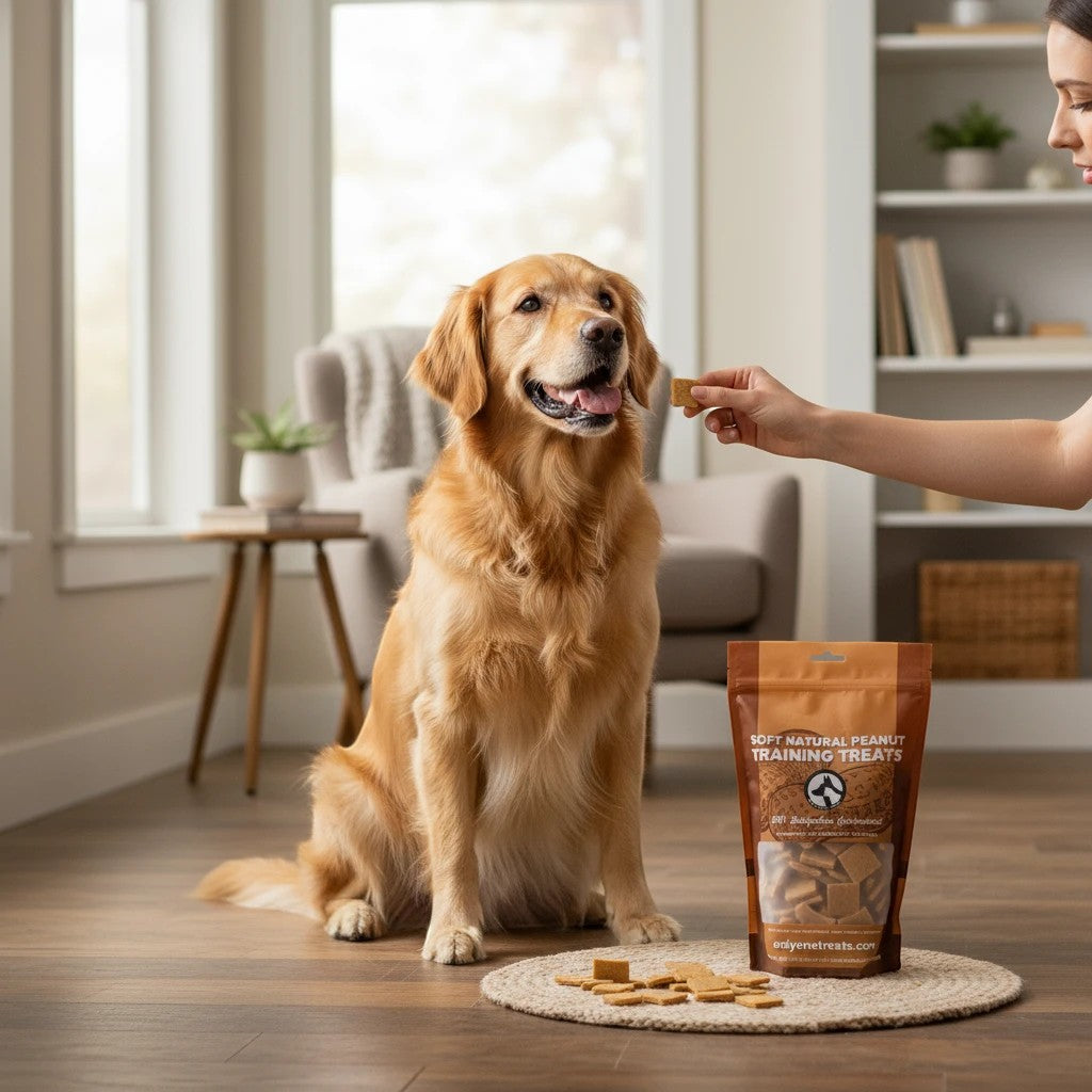 Oh Canada Gifts soft peanut training treats for dogs being fed to a golden retriever in a bright living room