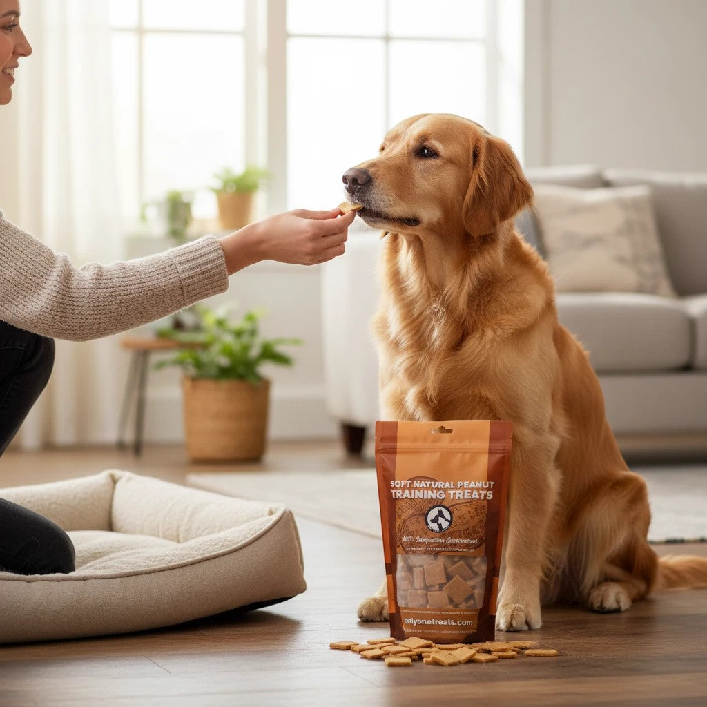 Oh Canada Gifts soft peanut dog training treats in a 680g bag being fed to a golden retriever by its owner