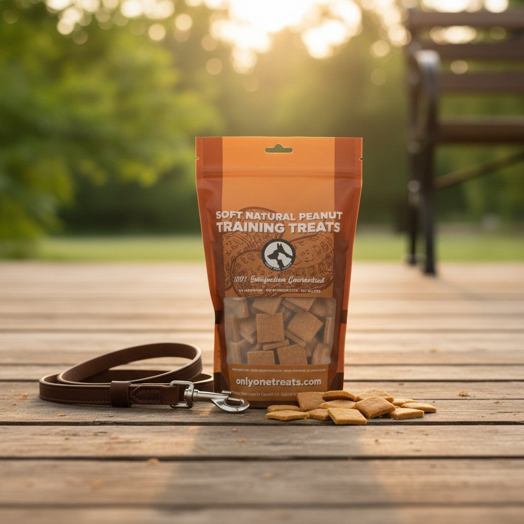Oh Canada Gifts soft natural peanut dog training treats in a 680g bag with a leather leash on a wooden deck.