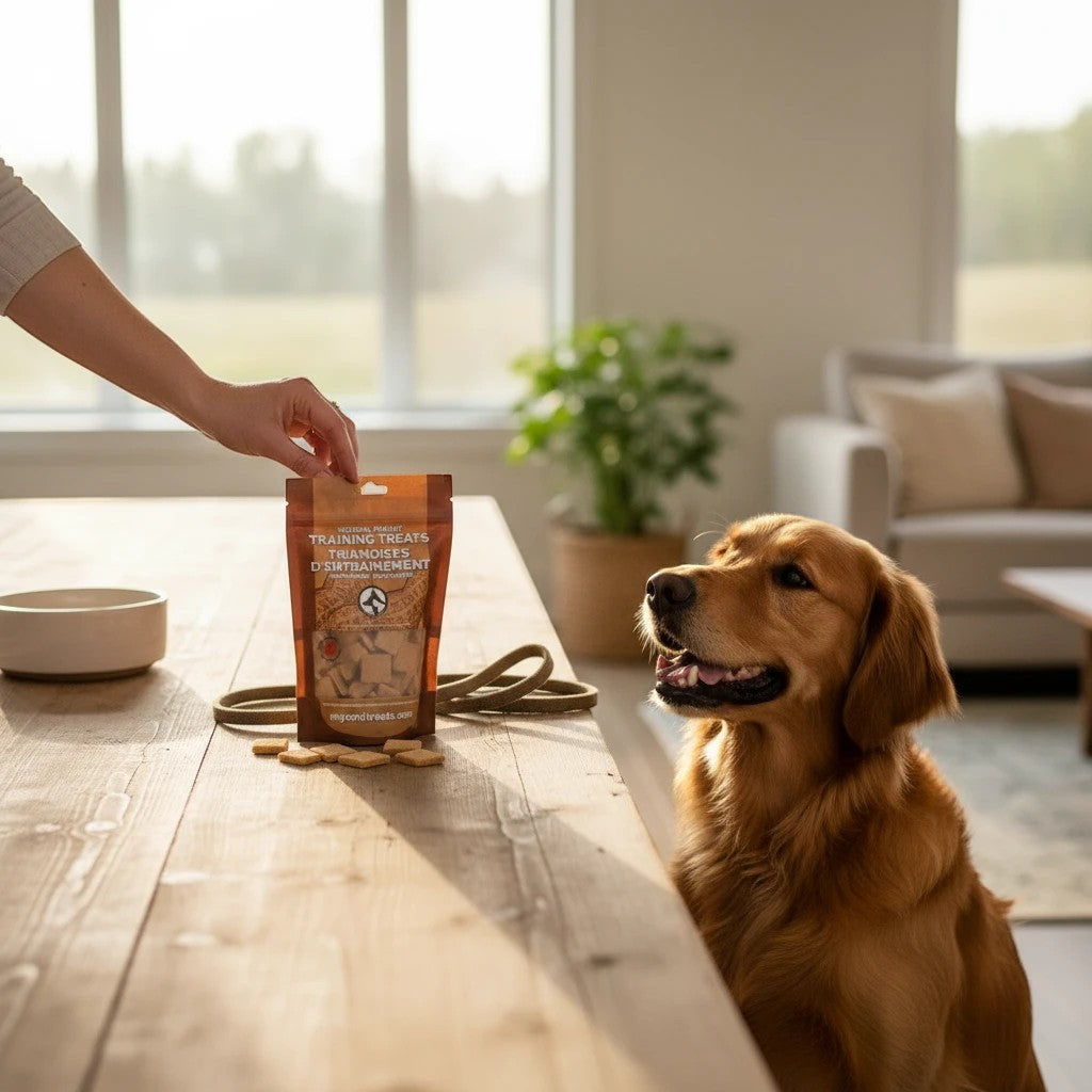 Oh Canada Gifts soft natural peanut training treats in a pouch being offered to a golden retriever dog
