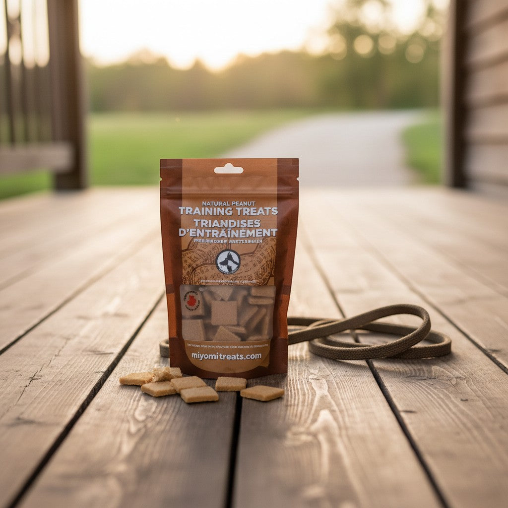 Oh Canada Gifts soft natural peanut training treats in a brown pouch on a wooden deck with a leash