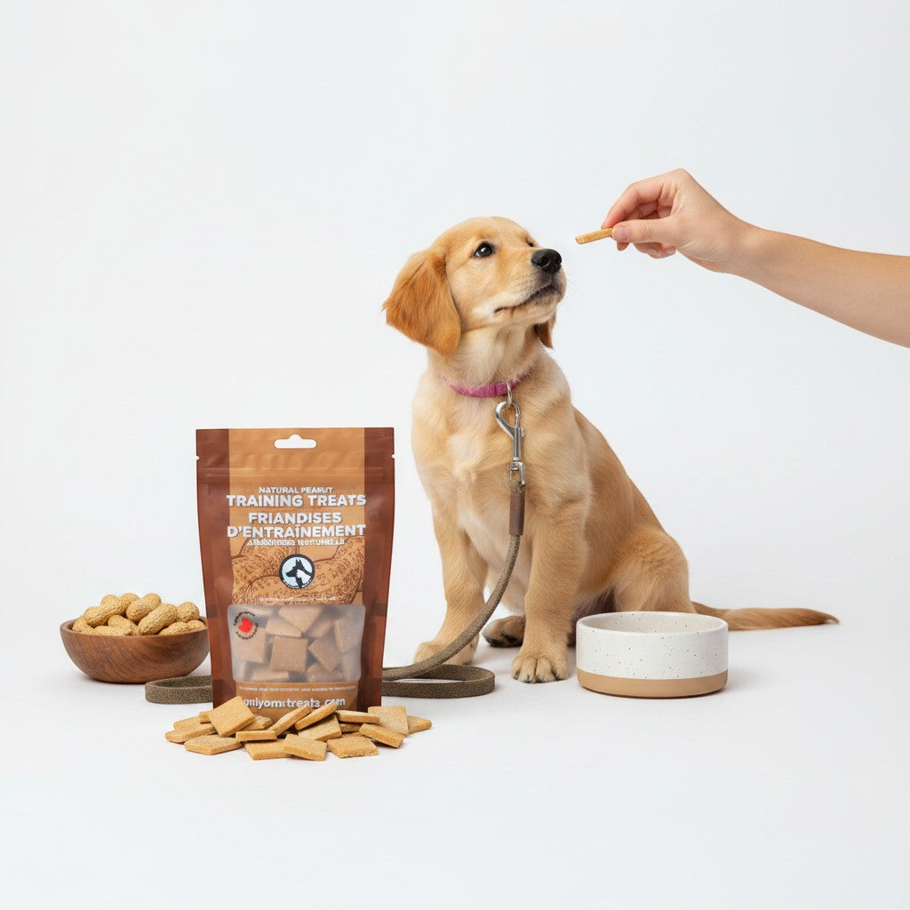 Oh Canada Gifts soft natural peanut training treats for a golden retriever puppy being fed by hand