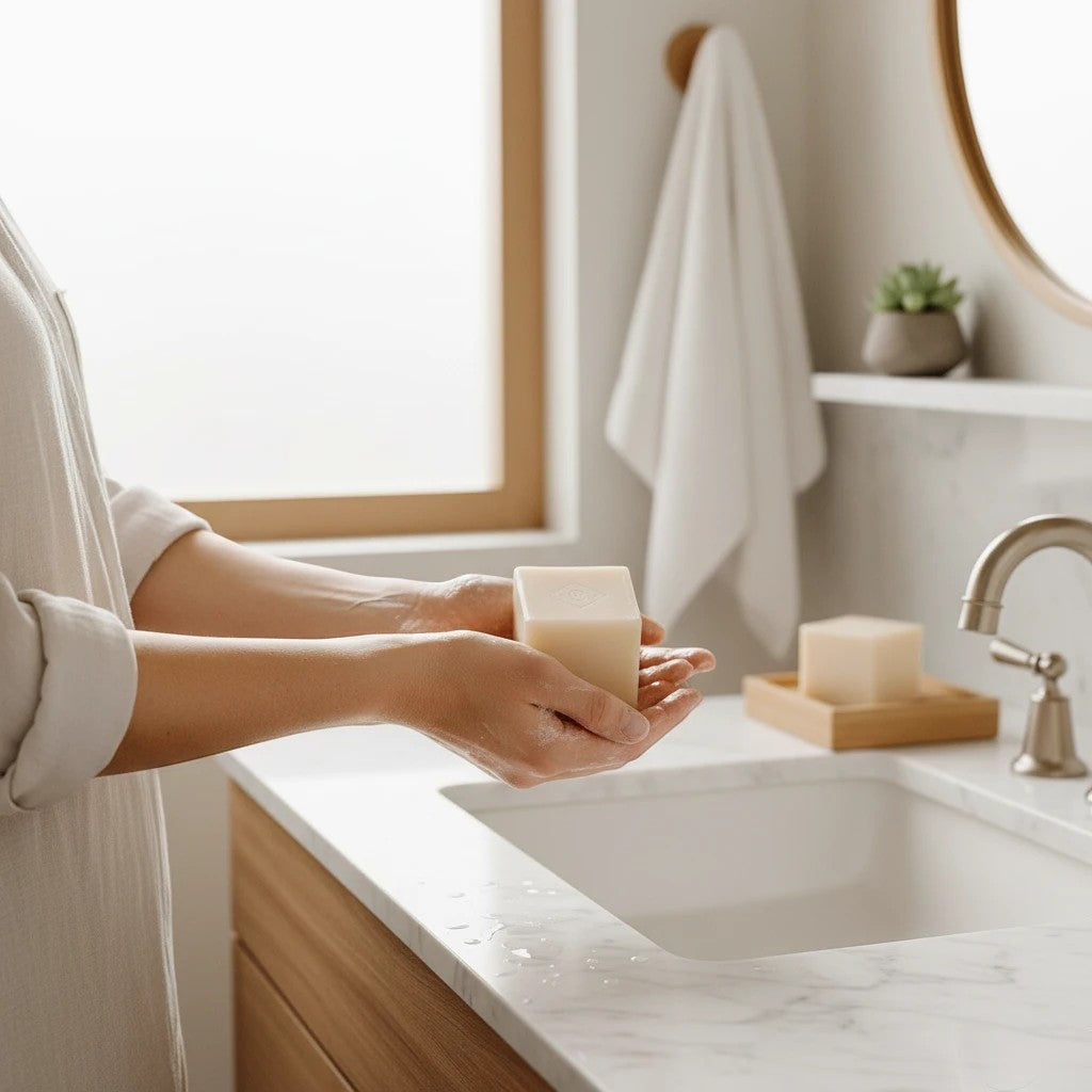 Oh Canada Gifts peppermint bar soap held in hands over a marble bathroom sink with a creamy lather