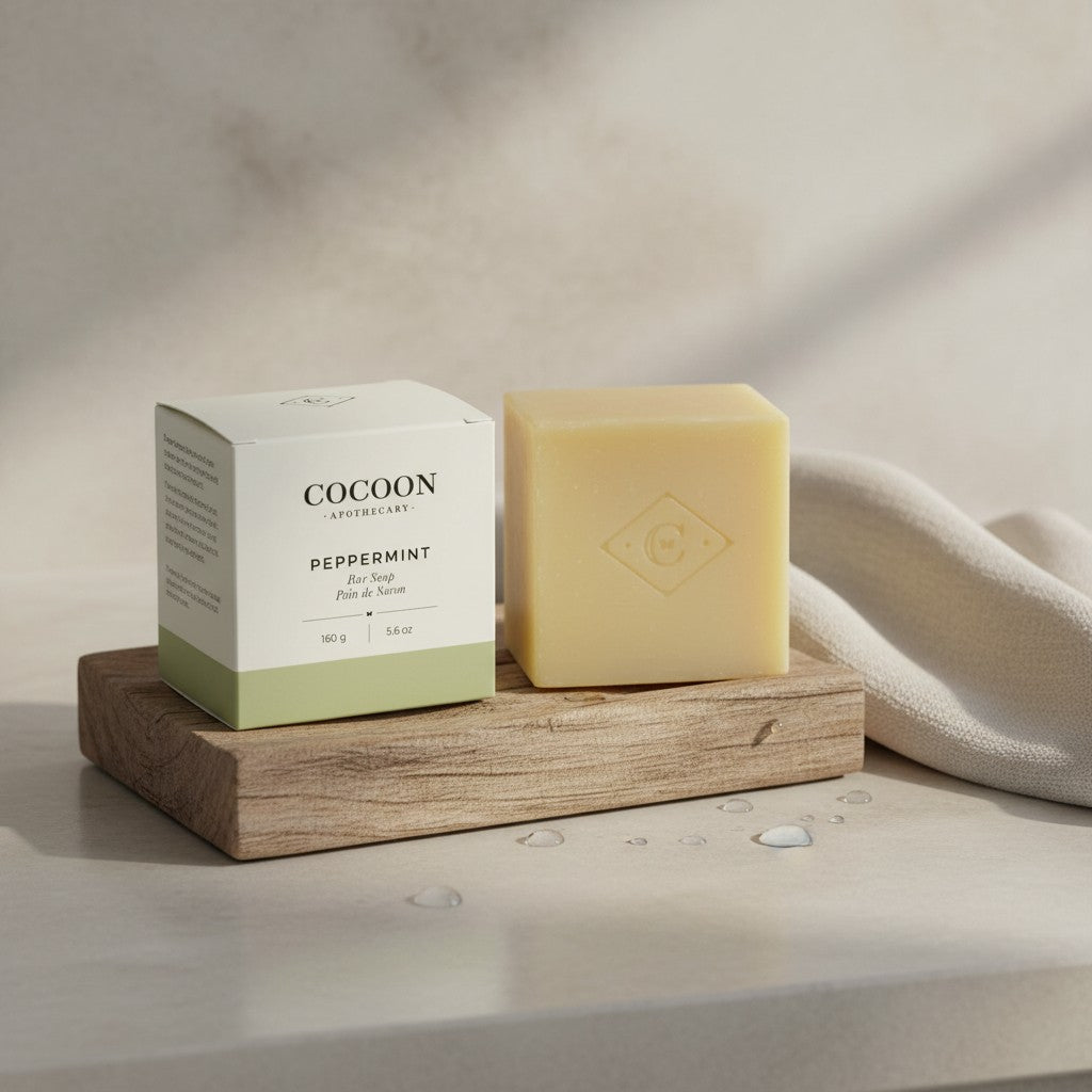 Oh Canada Gifts Cocoon Apothecary peppermint bar soap with box on a wooden soap dish
