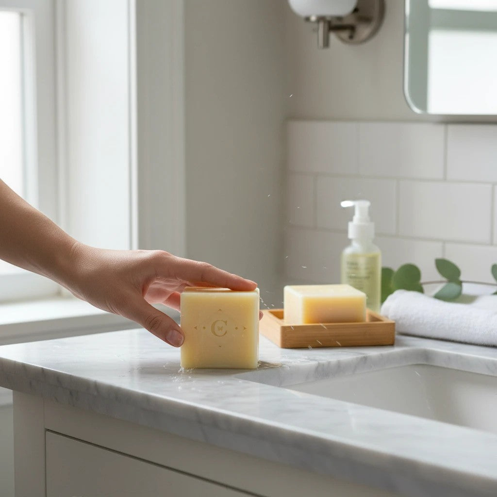 Oh Canada Gifts Cocoon Apothecary peppermint bar soap being placed on a marble bathroom vanity with water splashes.